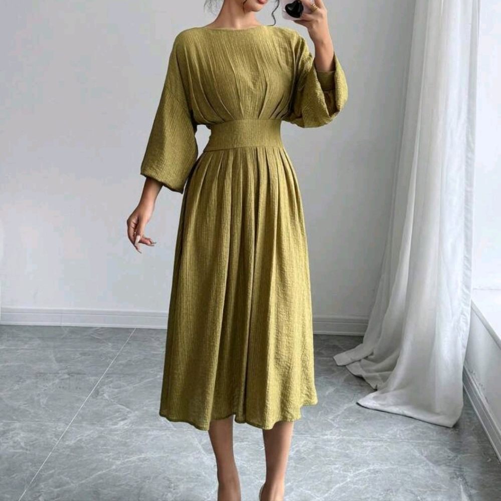 Textured Elegant Batwing Sleeve Empire Waist Pleated Lantern Sleeve Dress - Picture 3 of 4